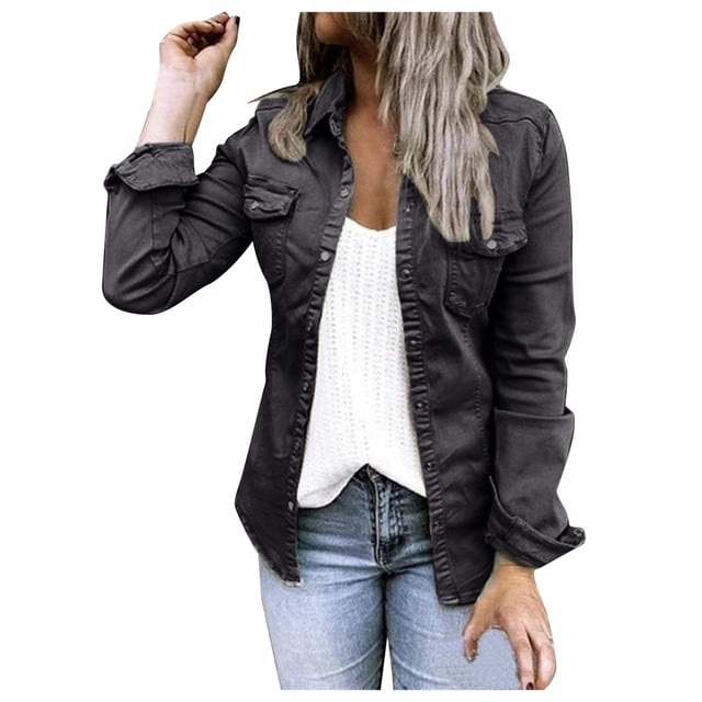 Chemisier Décontracté pour Femmes Veste en Denim Perforée à Boutons pour Femmes avec Poche Manteau