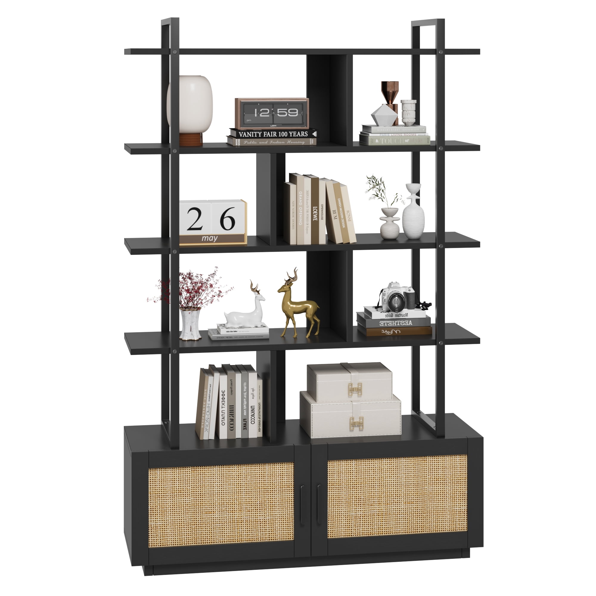 5 Tier Rattan Bookshelf with Storage Cabinet & Door, 71.1 Inch Tall Industrial Book Shelf with Open Display Shelves, 5 Shelf Bookcase with Metal Frame for Living Room, Bedroom -Burlywood
