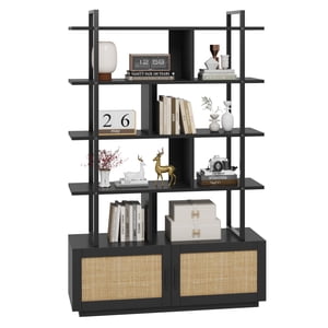 5 Tier Rattan Bookshelf with Storage Cabinet & Door, 71.1 Inch Tall Industrial Book Shelf with Open Display Shelves, 5 Shelf Bookcase with Metal Frame for Living Room, Bedroom -Burlywood