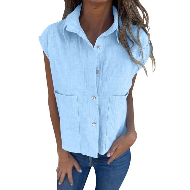hotojiny Womens Sleeveless Button down Shirt Summer Cotton Linen Collar Tops Lightweight Solid Blouses with Pockets