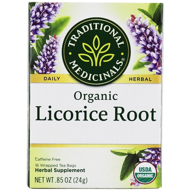 Traditional Medicinals Boîte de Tisane Biologique à la Racine de Réglisse Contenant 16 Sachets de Thé Sans Caféine. l'Emballage Met l'Accent sur la certification Biologique USDA et les Bienfaits des Suppléments à Base de Plantes, Convient pour Soutenir la Santé Respiratoire et le Soulagement du Rhume Ou de la Toux. Présente des Fleurs de Réglisse Violettes Vibrantes et des Feuilles Vertes sur le design.