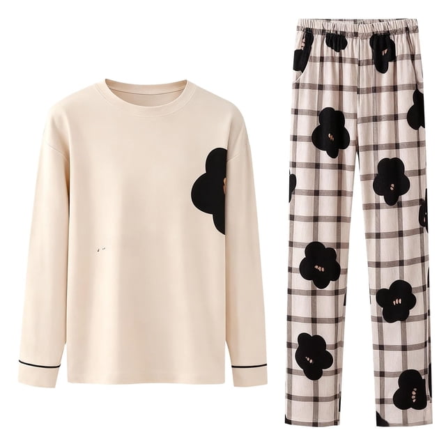 Tauxra Ensembles de Pyjamas Assortis pour la Famille pour Femmes, Tenue d'Intérieur à Manches Longues avec Col Rabattu, Pyjama Doux et Décontracté Ensemble 2 Pcs