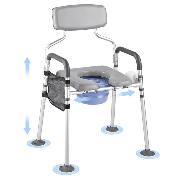 VEVOR Bedside Commode Chair 4-in-1 Raised Toilet Seat with adjustable height and a 500 lbs weight capacity. Features a padded seat, detachable 5L leak-proof bucket, and non-slip suction cup feet for stability. Ideal for bathroom aids, commode chairs, and home health care use, designed for seniors, pregnant individuals, and post-surgery users.