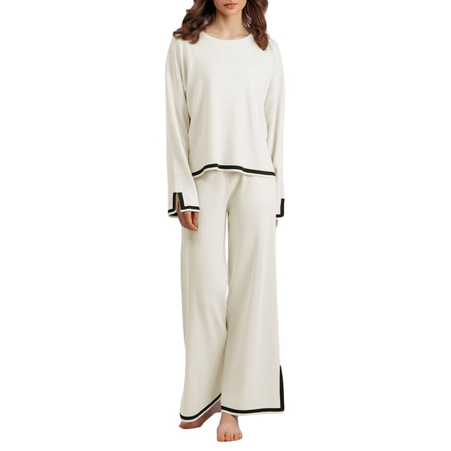Fortune 2Pcs Women Knit Clothes Contrast Color Long Sleeve Loose Sweater + Wide Leg Pants Fall Lounge Set. This women's fall clothing set includes a round neck long sleeve sweater with black contrast trim and matching wide-leg pants in a soft apricot knit fabric. Ideal for casual wear, lounging, or pairing with accessories for a chic look.