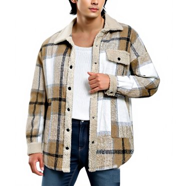LNWUY Men's Cotton Sherpa Lined Button Down Flannel Jacket Plaid Shirts Soft Outdoor Pockets Long Sleeve Outwear Coat Beige XL