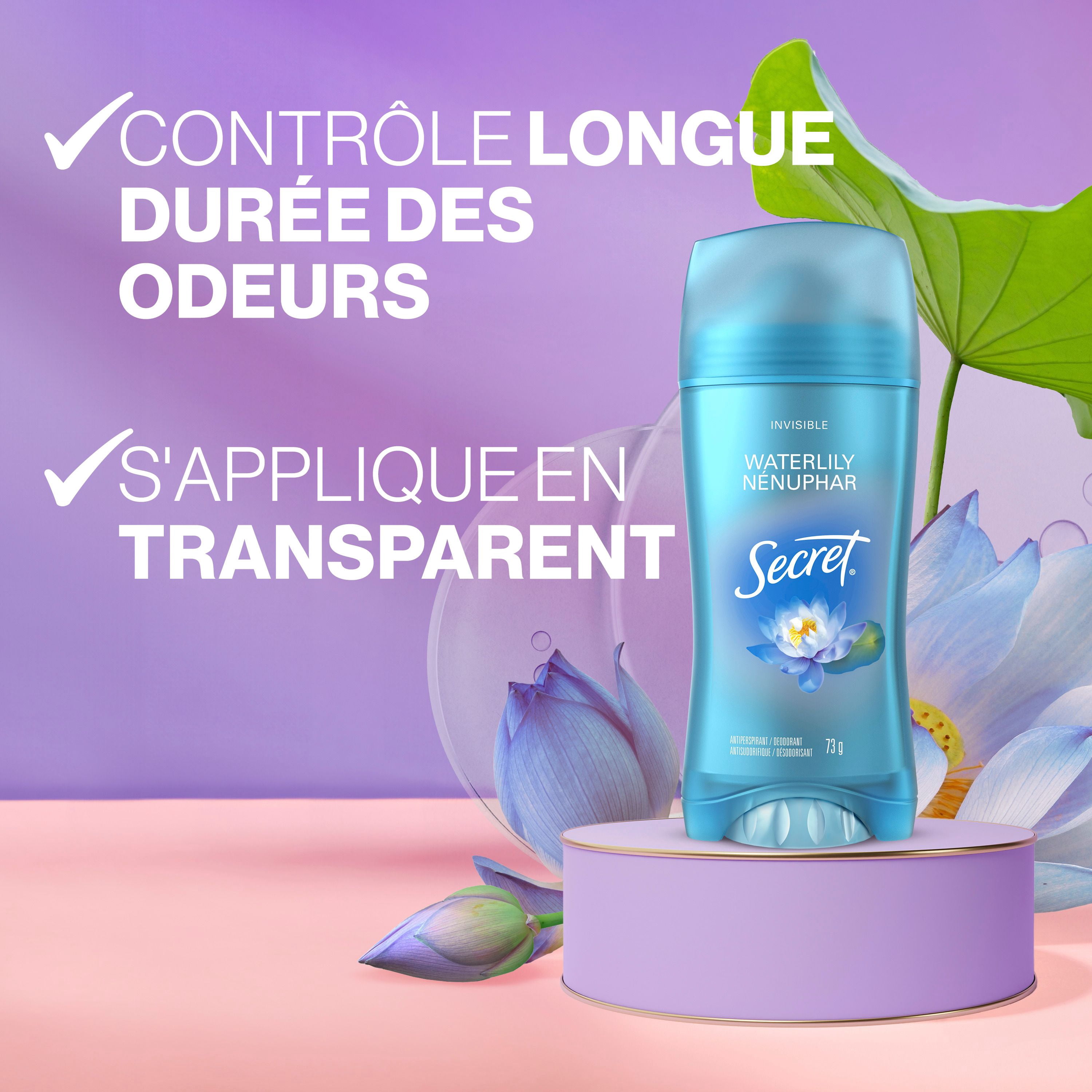 Antisudorifique et désodorisant invisible en bâton Secret, parfum Nénuphar
