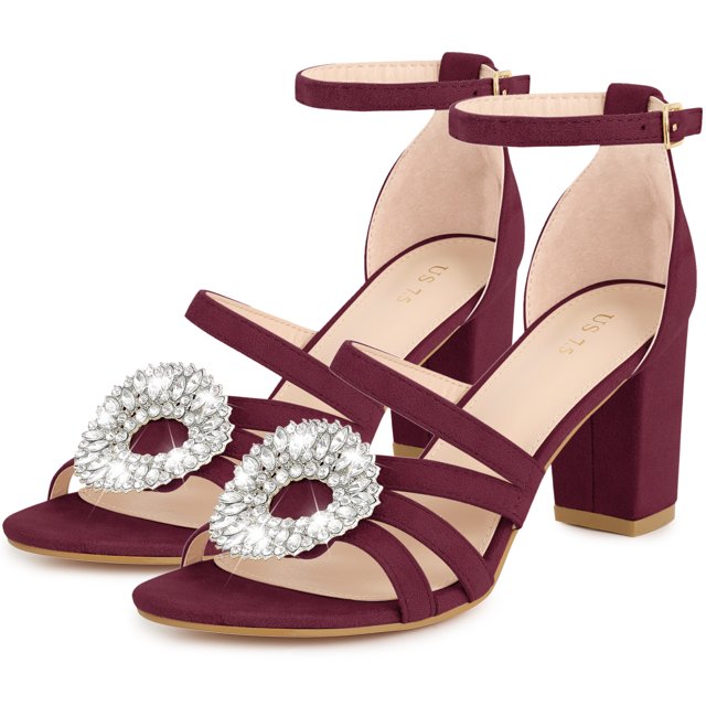 BLISSFUL STEP Women's Open Toe Crystal Rhinestone Buckle Chunky Heel Burgundy Sandal 8.5 M US