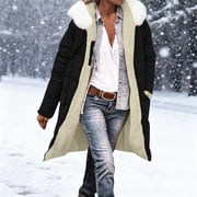 Miqool Women Reversible Puffer Jacket Thick Plush Long Quilted Jackets Winter Coats Warm Outerwear with Fur Hood