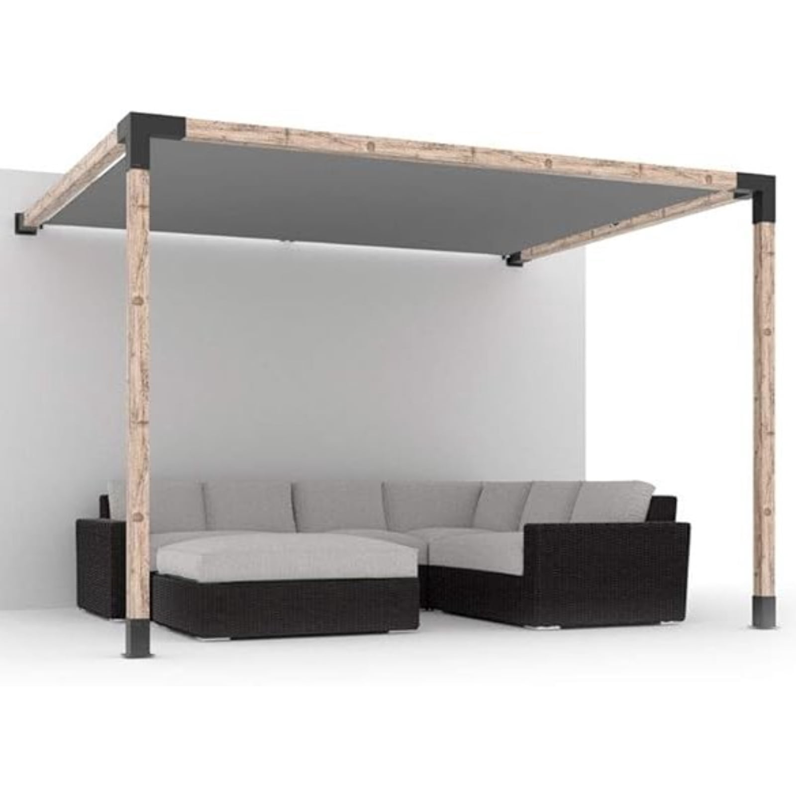 Kit de pergola murale Toja 8'x8' avec voile d’ombre en graphite pour poteaux en bois 4x4