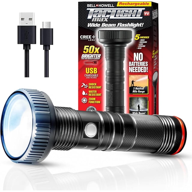 Taclight Max LED Rechargeable Black Flashlight with textured black metal body and large lens with blue rim, shown with USB charging cable and packaging highlighting 5 modes, water and shock resistance, zoom function, and 5 nautical mile beam range, ideal for emergency and tactical use.