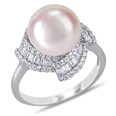 Miabella Freshwater Cultured Pearl and 1-1/10 Carat T.G.W. Cubic Zirconia Sterling Silver Swirl Ring