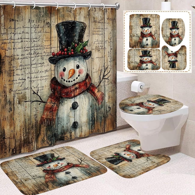 Fmbmuo Rideaux de Douche de Noël en Nylon, Décorations Imperméables en Spandex Brun, Ensembles de Rideaux de Douche Traditionnels Boule de Noël 4 Pcs