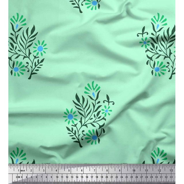 Soimoi Modal Satin Fabric Leaves & Floral Block Print Sewing Fabric Yard 42 Inch Wide
