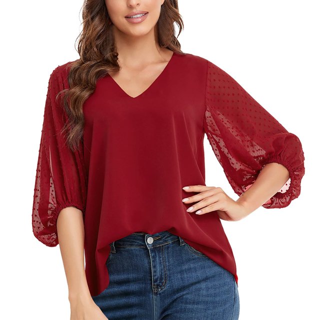 Blouse Décontractée pour Femmes Col en V Ample à Volants Manches Trois-Quarts en Chiffon