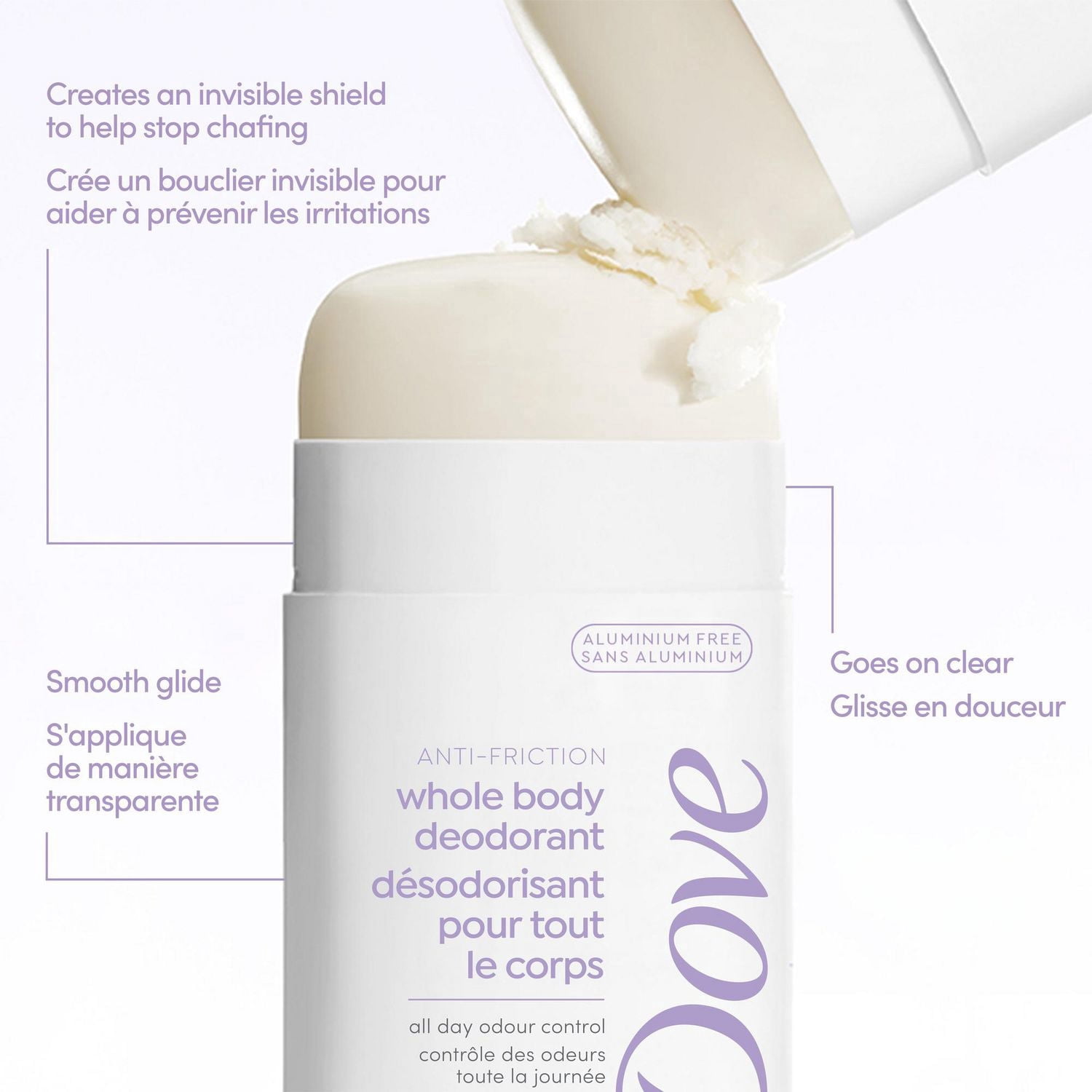 Déodorant corporel sans aluminium Bâton Anti-Friction, Dove parfum noix de coco et vanille, 72 heures de protection anti-odeurs