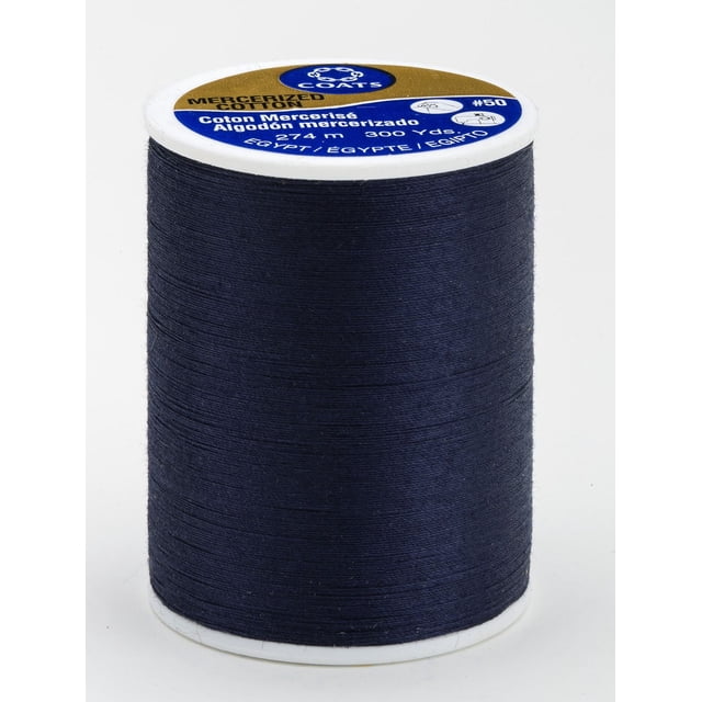 Coats & Clark™ 100% Cotton Thread, 300 Yards spool of dark navy mercerized cotton thread on a white plastic spool labeled with brand and thread details, ideal for sewing natural fibers with added strength and lustre, also suitable for detailed embroidery projects.