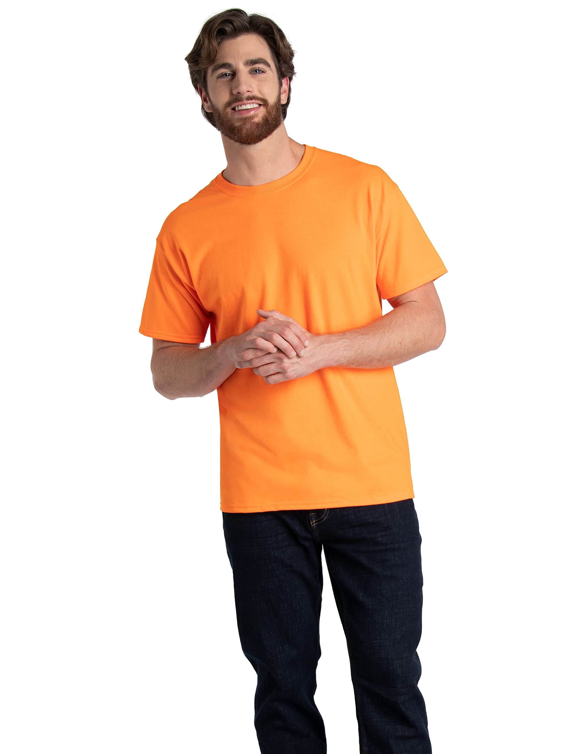 Fruit of the Loom T-Shirts à Manches Courtes en Coton Eversoft pour Hommes (Réguliers et Grands et Forts), Col Ras du Cou-Lot de 2-Orange Sécurité, Grand