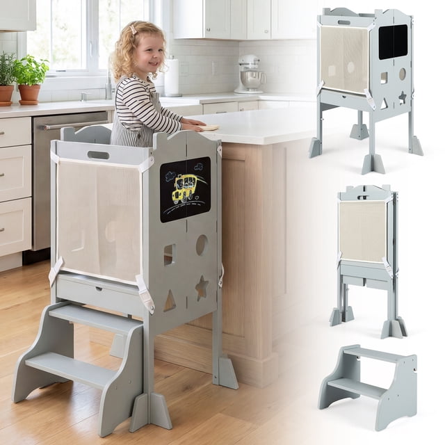 Gymax Foldable Toddler Step Stool w/Chalkboards 2-Step Stool Hollowed-out Patterns Grey