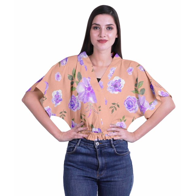 Moomaya Hauts Cache-Cœur pour Femmes Imprimés Taille Élastique Manches Boxy Blouse Cache-Cœur Décontractée