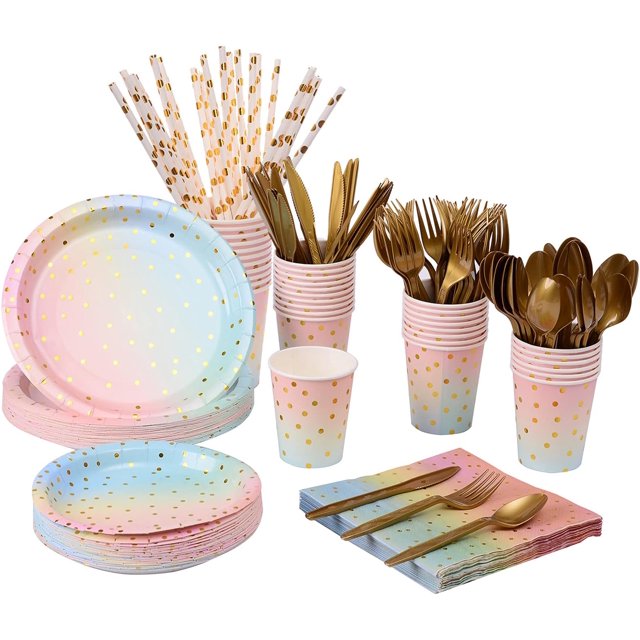 missunny-201pcs Party Supplies Paper Plates & Napkins Cups Silverware Serves 25 Sets for Wedding Bridal Shower Engagement Birthday Parties (Colorful, 9.45 x 9.45 x 4.72 inches)