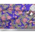 thumbnail image 2 of Soimoi Tissu Georgette Viscose Bleu Imprimé Feuilles & Roses au Mètre 42 Pouces de Large, 2 of 3