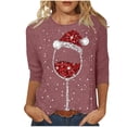 thumbnail image 1 of Hauts pour Femmes Noël Verre de Vin Rouge Imprimé Col Rond Manches Trois-Quarts Chemises pour Femmes Vin m, 1 of 4