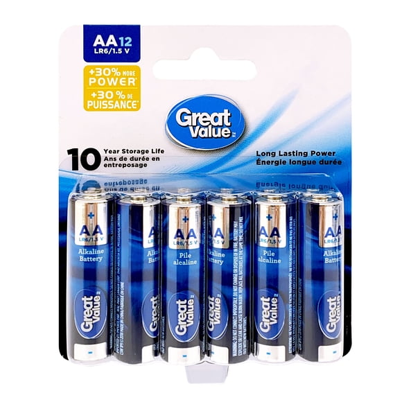 Great Value AA LR6/1.5 V Alkaline Batteries 12-Pack, 10-year storage life