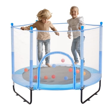 KFFKFF Trampoline pour Enfants de 60 Pouces, Trampoline de 5 Pi pour Usage Intérieur et Extérieur, Petit Trampoline Récréatif avec Filet de Sécurité et Panier de Basketball, Idéal pour un Anniversaire pour les Enfants de 3 Ans et Plus, Bleu
