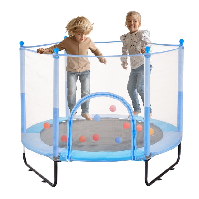 VEVOR Trampoline de 60 Pouces pour Enfants Mini Trampoline pour Tout-Petits avec Filet, Montré dans un design Rond de 60 Pouces avec Filet de Sécurité Bleu et Cadre Rembourré. Deux Enfants Sautent à l'Intérieur, Entourés de Balles Colorées sur le Tapis de Saut. le Trampoline Présente une Entrée à Fermeture Éclair en Forme de U et des Pattes Métalliques Robustes avec Ventouses pour la Stabilité. Convient à une Utilisation Intérieure et Extérieure, Il Comprend un Panier de basketball Suspendu pour Plus de Plaisir.