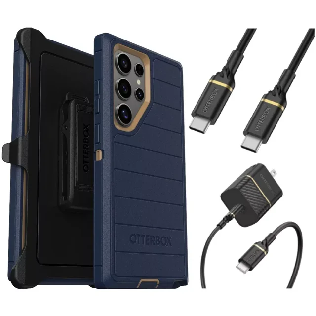 OtterBox Galaxy S24 Ultra (Seulement) - Étui Defender Series Pro - Chaussures en Suède Bleues - Sans Écran - Robuste et Durable - avec Protection de Port - Étui-Clip Comprend - Trousse de Recharge Murale USB-C vers USB-C, 20 W.