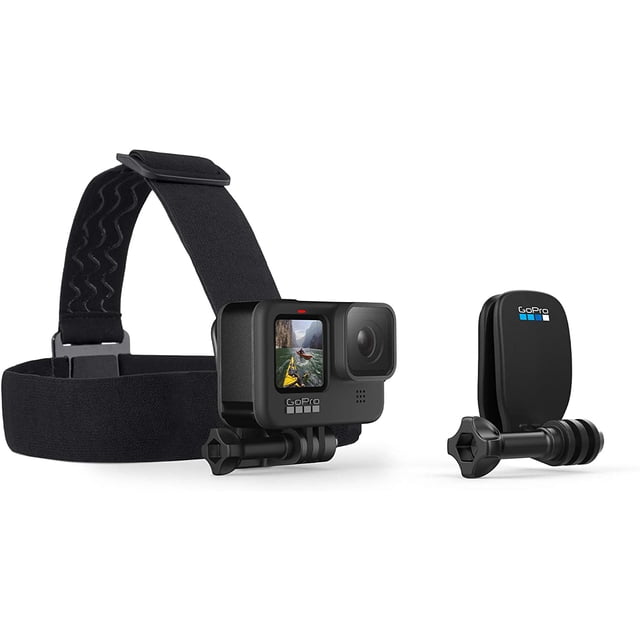 GoPro Head Strap with QuickClip - Official GoPro Mount, featuring an adjustable head strap and a compact quick clip. The head strap fits all sizes and can be worn over a helmet or directly on the head for a headlamp-like camera perspective. The quick clip allows low-profile mounting on objects like a backwards baseball cap or items 3mm to 10mm thick. Compatible with all GoPro cameras, includes a thumb screw, and is recommended for non-impact activities.
