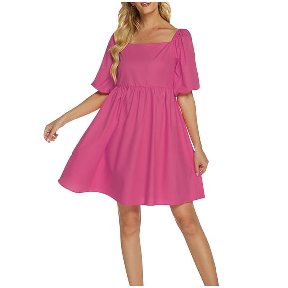 Drppepioner Robe d'Été 2024 pour Femme à Encolure Carrée, Manches Bouffantes Courtes, Couleur Unie, Taille Haute, Robe d'Été Décontractée Ample pour Femme, Couleur Unie, Taille Haute, Manches Bouffantes, Robe Trapèze, Rose Vif