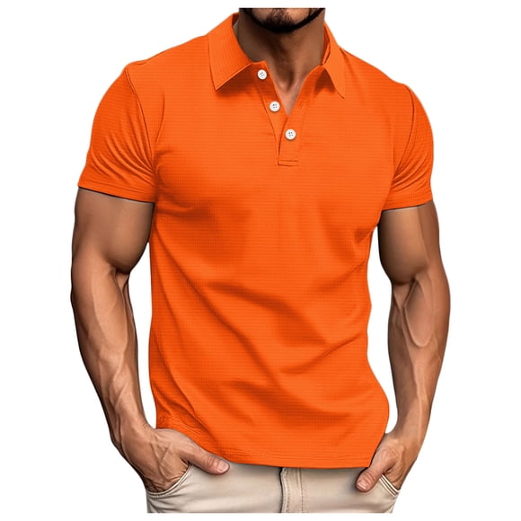 Adult Mens Polo T Shirt Short Sleeve Button Tees Shirts Lightweight Orange Mens Dress Shirts