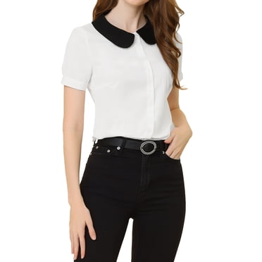 INSPIRE CHIC Blouse Chemise à Manches Courtes pour Femme de Bureau Travail Col Peter Pan Contrastant S Blanc