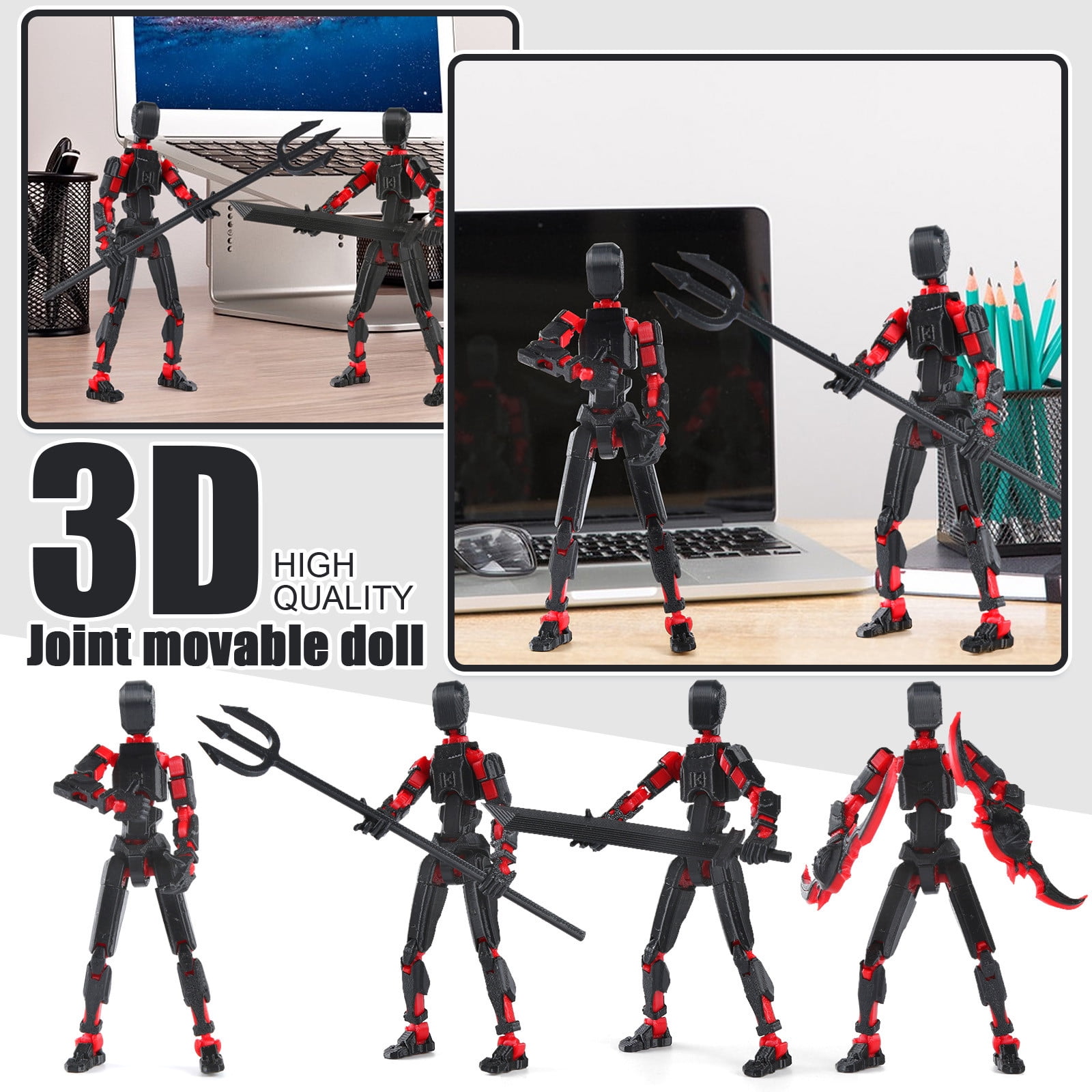 T13 Action Figure Set, 3D Printed Titan 13 Robot Movable Action Figure with Wings 4 Types of Weapons and 6 Types of Hands, Dummy 13 Action Figure，Lucky 13 Action Figure (Black Red)