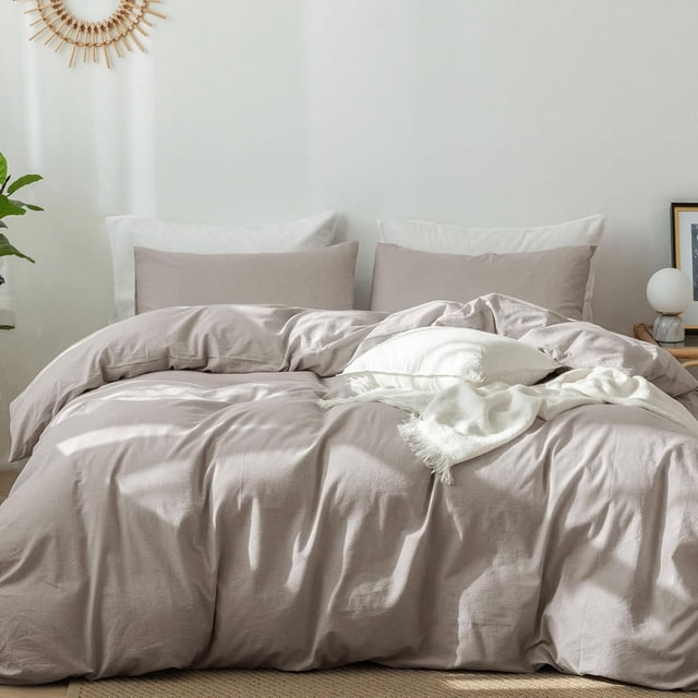 Bedding Duvet Cover Set Washed Cotton Linen Like Textu Breathable Durable Soft Comfy (Tannish Linen Grey Queen)
