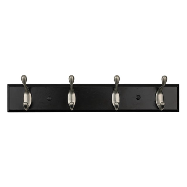 Era Classic 4 Hook Rail Black with a black MDF base and four silver metal hooks, designed for organizing coats, towels, hats, and leashes in entryways, bathrooms, or mudrooms, supporting up to 30 lb.