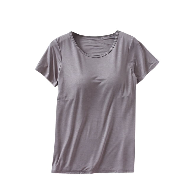 Timegard Hauts d'Été pour Femmes avec Soutien-Gorge Intégré Col Ras du Cou Manches Courtes Tenue de Détente Pyjama Doux Décontracté T-Shirt