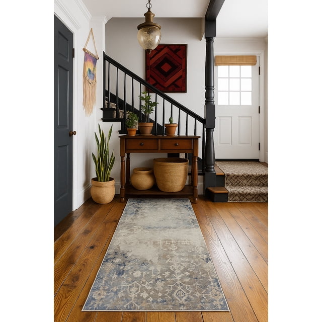 Rug Branch Havana Collection Tapis Traditionnel Usé en Polypropylène Bleu Marine et beige à Coupe Basse Empilé sur Chemin de Plancher en Bois Franc dans un Couloir avec table console en Bois Tenant des Plantes en Pot et des Paniers Tressés, Rampe d'Escalier Noire et Porte Blanche avec Panneaux de Fenêtre, Idéal pour une Utilisation Intérieure à Fort Achalandage.
