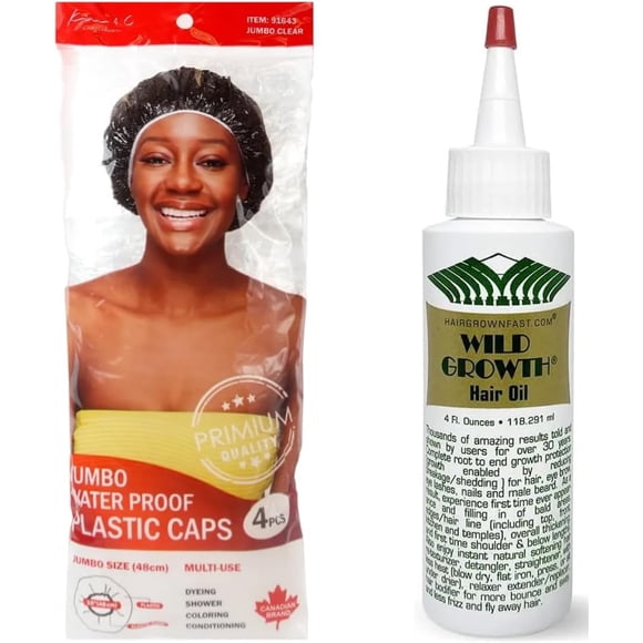 4 Bonnets de Douche Jumbo + Huile Capillaire Wild Growth, 4 Oz - Protégez et Nourrissez Vos Cheveux avec Style