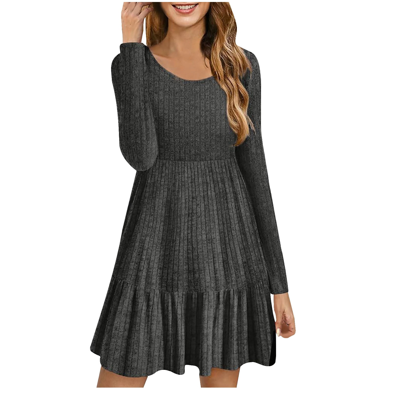AherBiu Sweater Dress for Women Long Sleeve Ribbed Ruffle A-Line Tunic Dresses to Wear with Leggings