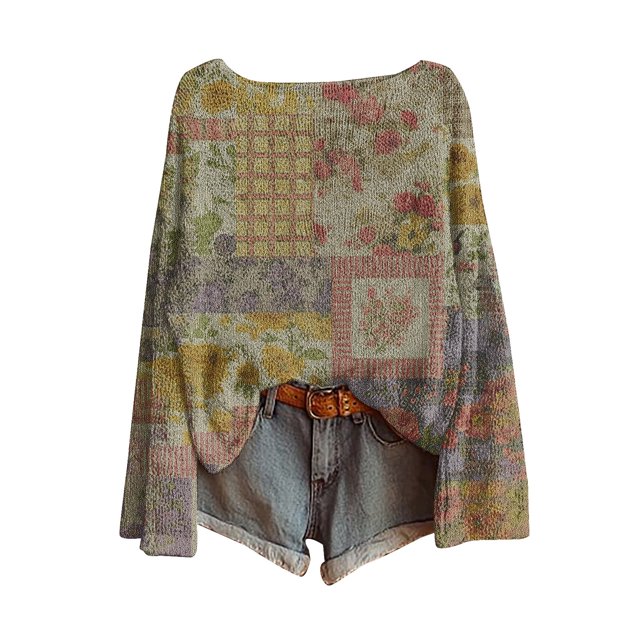 WTXUE Chandail Fair Isle pour Femmes Impression Artistique Vintage Fair Isle Chandail Rétro Chemisiers Légers Hauts Boho Tricot Rétro Automne Décontracté Ample Col Rond Manches Longues Chandail Surdimensionné Hauts Violet Pâle m