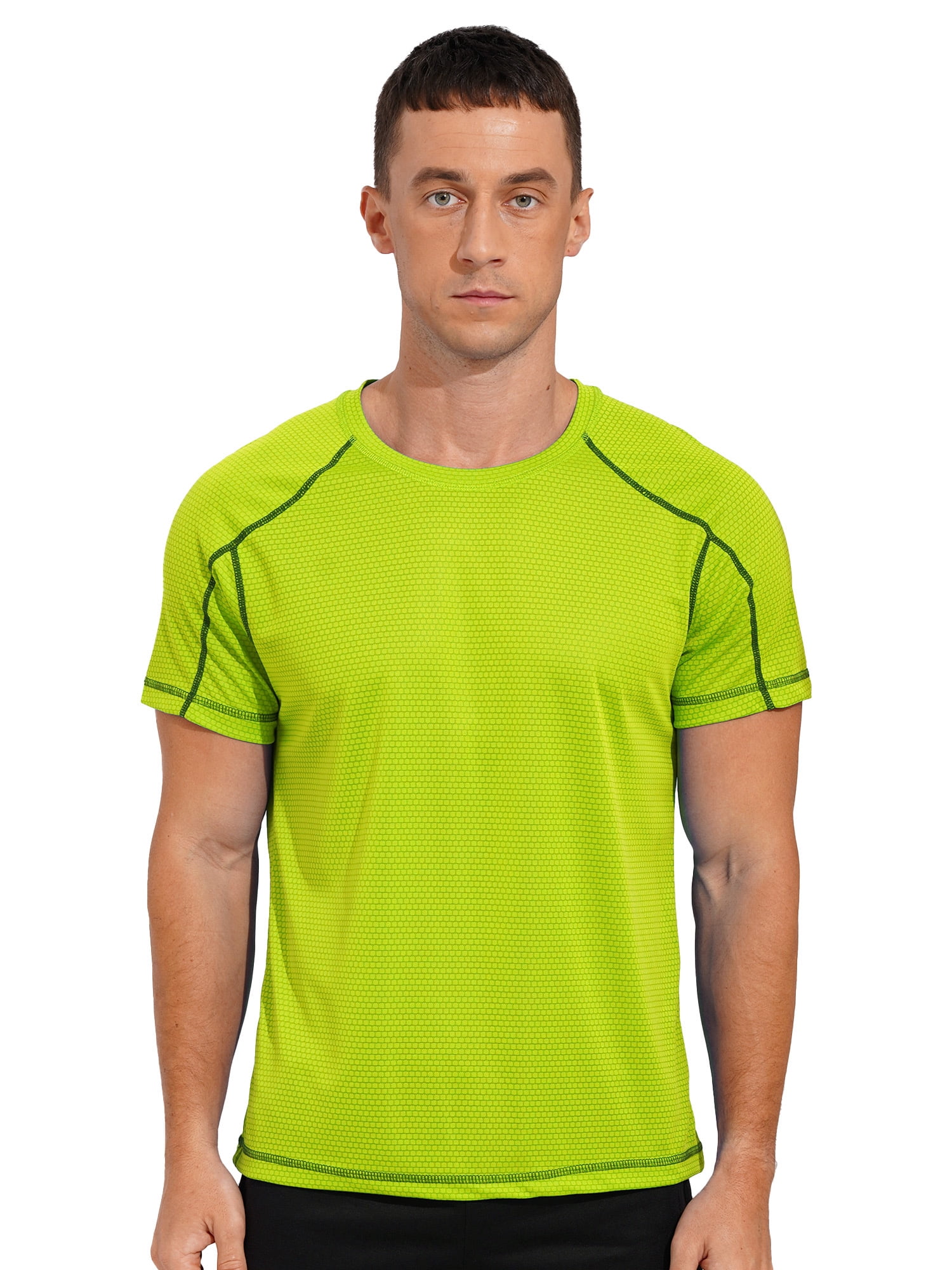 Moggemol Men's Rash Guard Swim Shirts Short Sleeve UPF 50+ Swimming Top Gym Workout Muscle Tee Tops Fluorescent Green 5XL