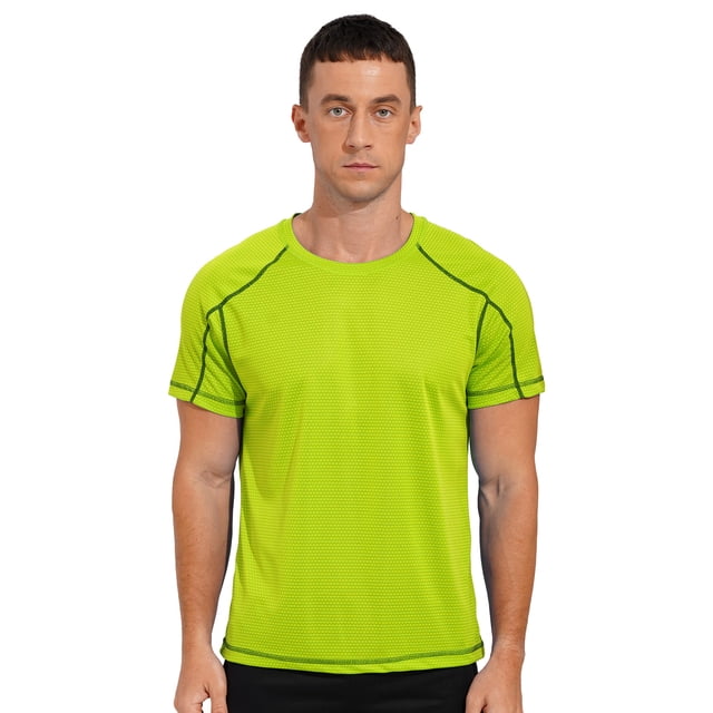 Raenseen Men's Rash Guard Swim Shirts Short Sleeve UPF 50+ Swimming Top Gym Workout Muscle Tee Tops Fluorescent Green 3XL