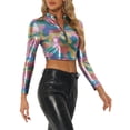 thumbnail image 4 of INSPIRE CHIC Hauts Courts Métalliques à Manches Longues Zippés pour Femmes Multicolore Noir P, 4 of 5