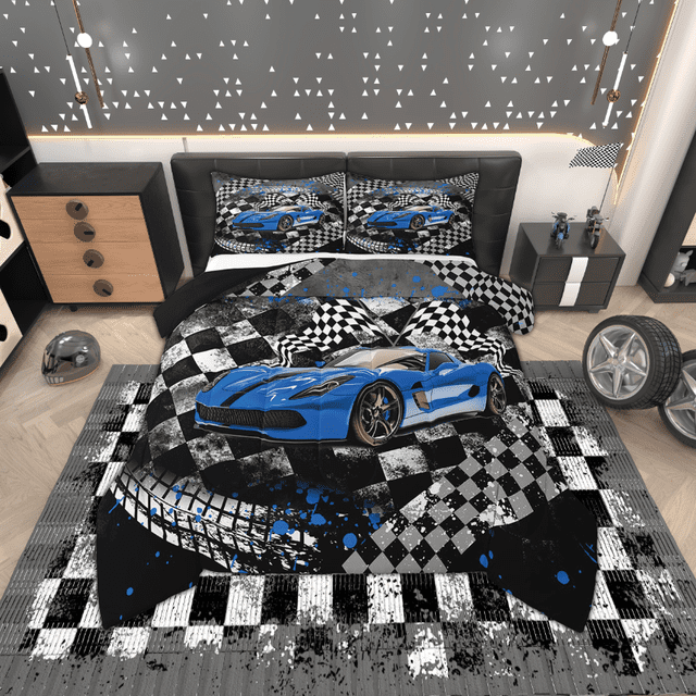 Erosebridal Ensemble de Douillette Simple pour Garçons Voiture de Course pour Enfants Ados, Comprenant une Douillette Réversible Noire et Bleue avec un Motif de Voiture de Course vibrant et un Motif de Drapeau à Damier. l'Ensemble Comprend une Douillette Format Simple Mesurant 68x90 Pouces et une Taie Décorative Mesurant 20x30 Pouces. Exposé dans un Cadre de Chambre Moderne avec un Thème Voiture de Course, la Literie Ajoute une Touche Dynamique et Ludique à la Déco de la Chambre. Fabriquée à Partir de Matériaux Ultra Doux, Elle Est Lavable à la machine pour un Entretien Facile.