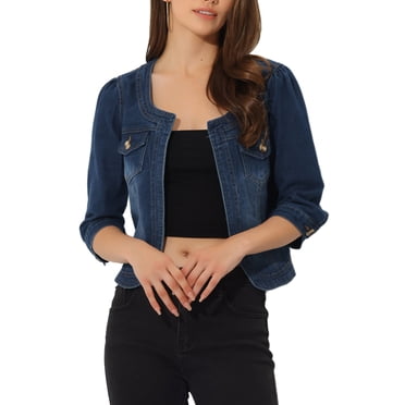 INSPIRE CHIC Vestes en Jean en Denim Raccourcies Sans Col pour Femmes à Manches 3/4 Bleu Foncé TG