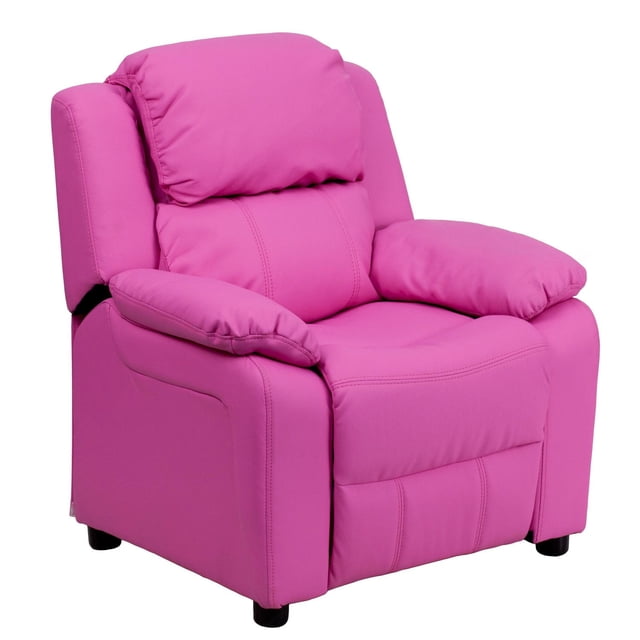 Deluxe Padded Contemporary Hot Pink Vinyl Kids Recliner with Storage Arms
