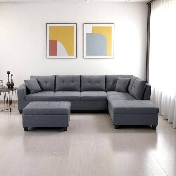 Cosmic Homes Haven Sectional Sofa LHF with Storage Ottoman, Pull-Out Tray & Cup Holder, Grey Couch Set for Living Room, Modular L-Shaped Sofa