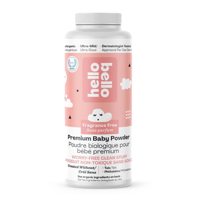 Hello Bello TM Poudre pour Bébé Biologique de Qualité Supérieure - Non Parfumée dans une Bouteille Blanche avec une Étiquette Rose Présentant le logo Hello Bello, Sans Parfum et Hypoallergénique, Fabriquée Sans talc Ni Phtalates pour Apaiser en Douceur et Protéger la Peau Délicate des Bébés.